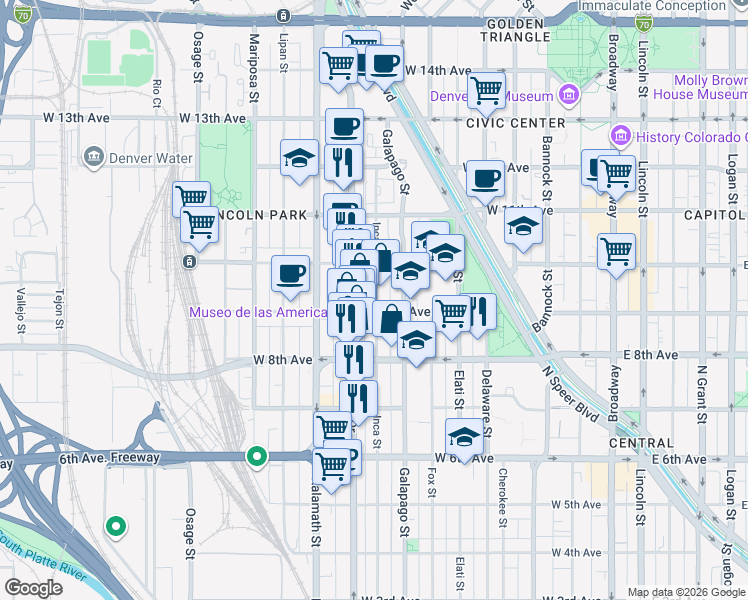 map of restaurants, bars, coffee shops, grocery stores, and more near 718 West 9th Avenue in Denver