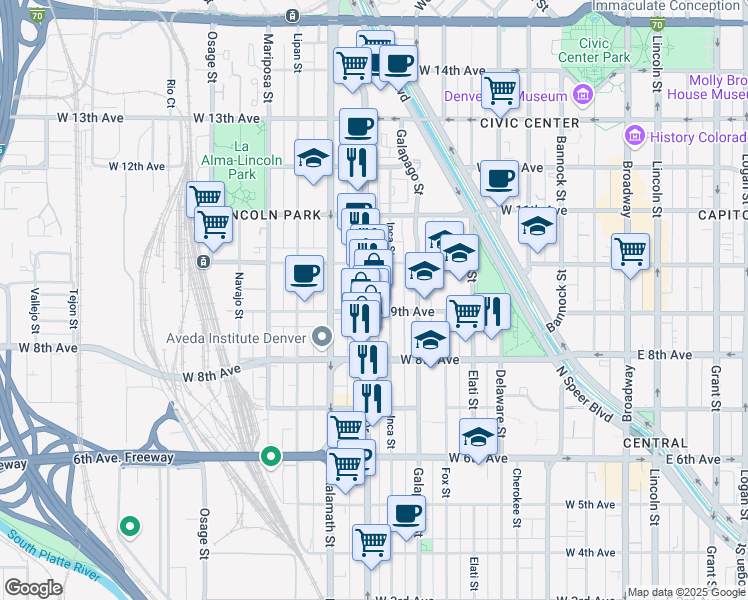 map of restaurants, bars, coffee shops, grocery stores, and more near 900 Santa Fe Drive in Denver