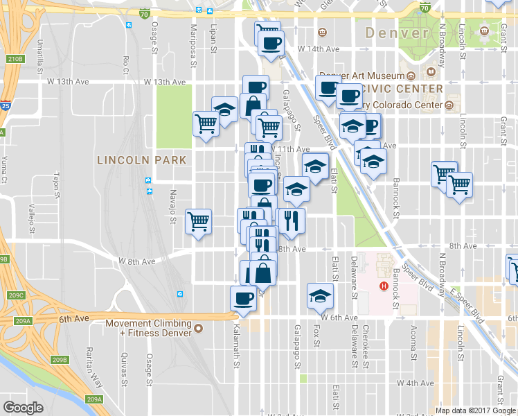map of restaurants, bars, coffee shops, grocery stores, and more near 871 Santa Fe Drive in Denver