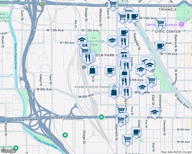map of restaurants, bars, coffee shops, grocery stores, and more near 1203 West 9th Avenue in Denver