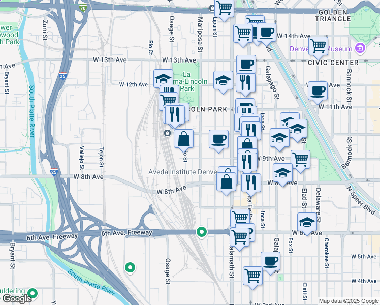 map of restaurants, bars, coffee shops, grocery stores, and more near 1203 West 9th Avenue in Denver
