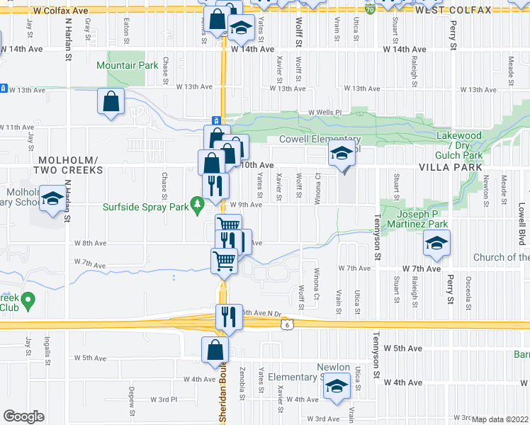 map of restaurants, bars, coffee shops, grocery stores, and more near 868 Yates Street in Denver