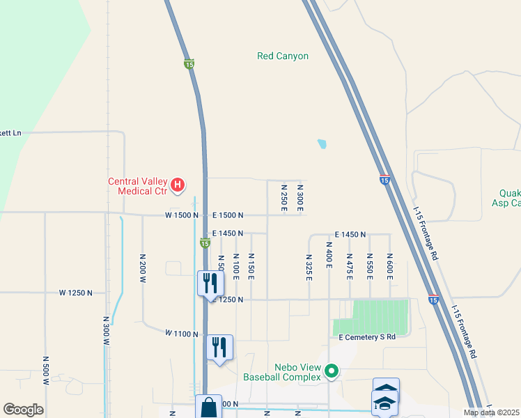 map of restaurants, bars, coffee shops, grocery stores, and more near 193 East 1450 North in Nephi