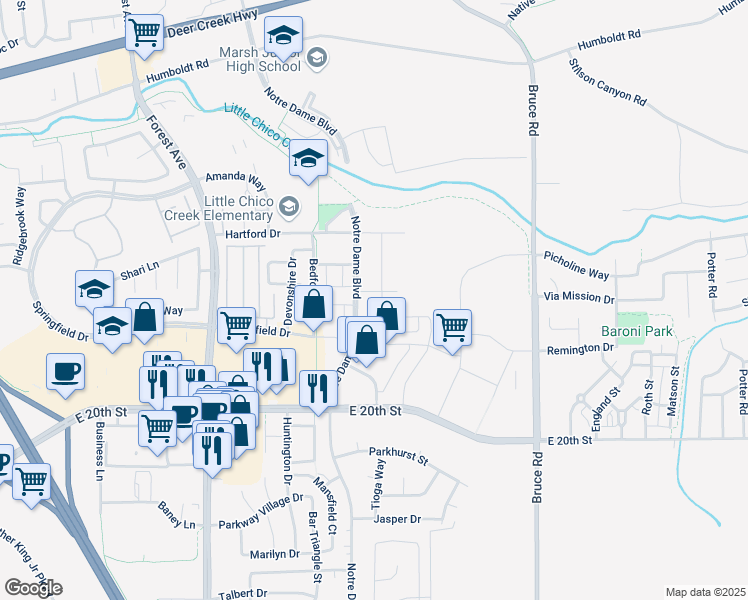 map of restaurants, bars, coffee shops, grocery stores, and more near Notre Dame Boulevard in Chico