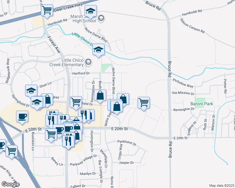 map of restaurants, bars, coffee shops, grocery stores, and more near Notre Dame Boulevard in Chico