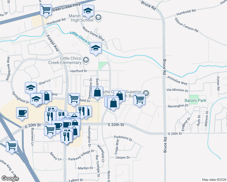 map of restaurants, bars, coffee shops, grocery stores, and more near Notre Dame Boulevard in Chico