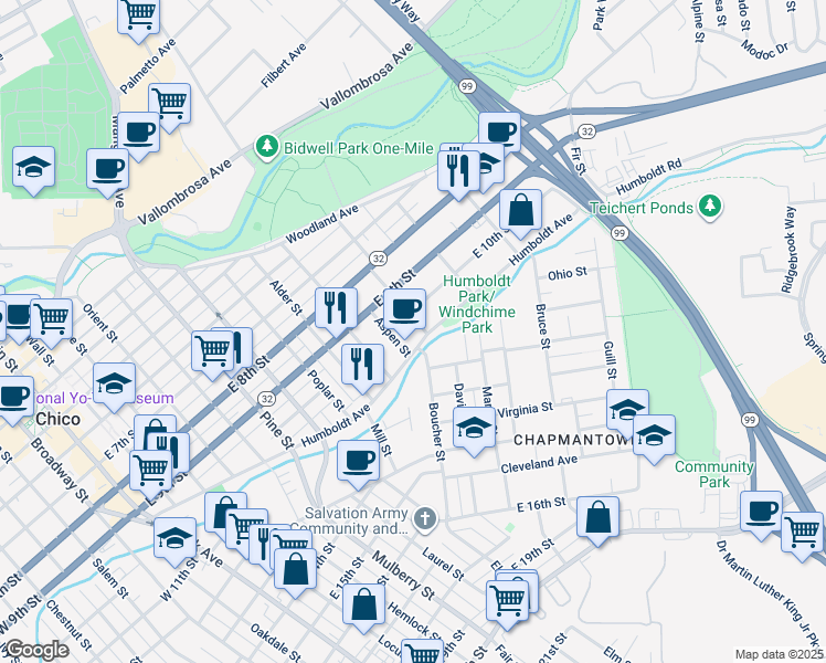 map of restaurants, bars, coffee shops, grocery stores, and more near 1092 Humboldt Avenue in Chico