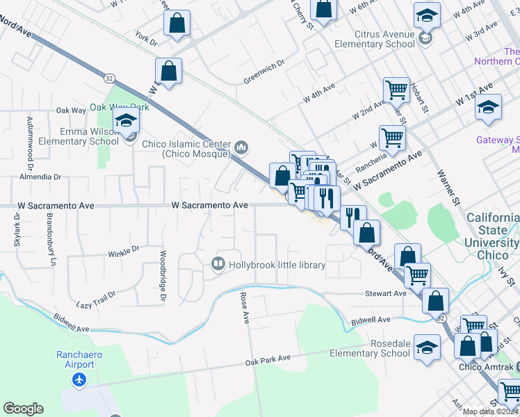map of restaurants, bars, coffee shops, grocery stores, and more near 1201 West Sacramento Avenue in Chico