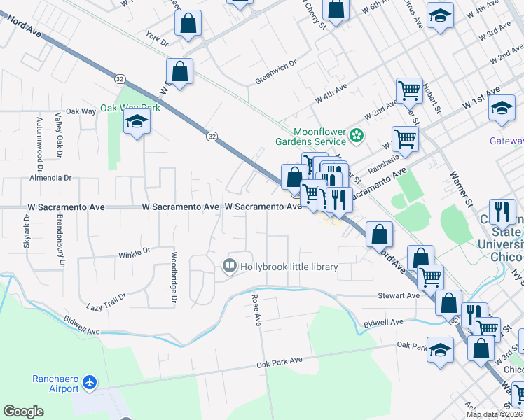 map of restaurants, bars, coffee shops, grocery stores, and more near 1201 West Sacramento Avenue in Chico