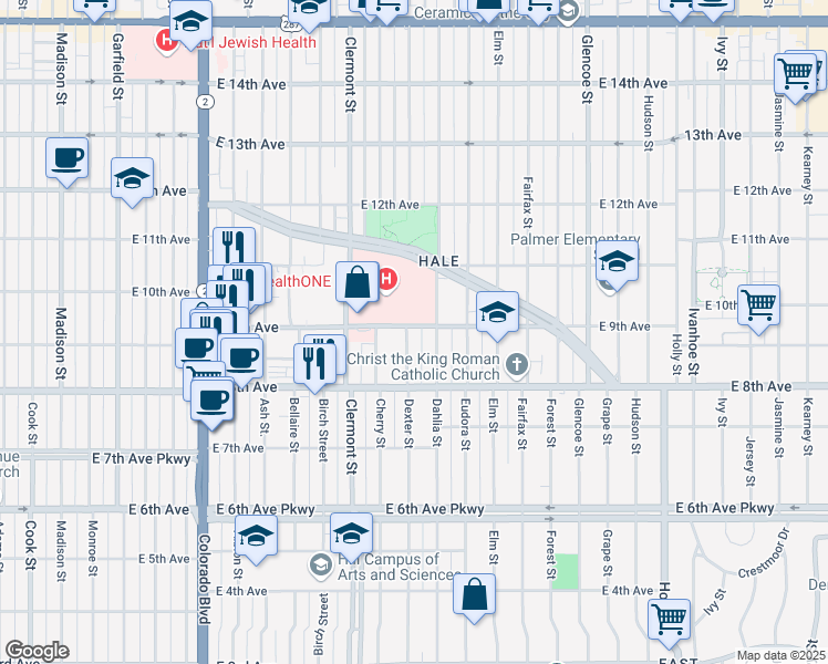 map of restaurants, bars, coffee shops, grocery stores, and more near 890 Dexter Street in Denver