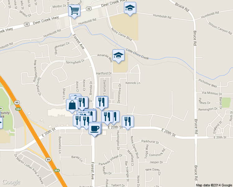 map of restaurants, bars, coffee shops, grocery stores, and more near 1860 Devonshire Drive in Chico