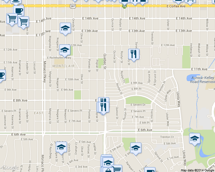 map of restaurants, bars, coffee shops, grocery stores, and more near 7305 East 9th Avenue in Denver