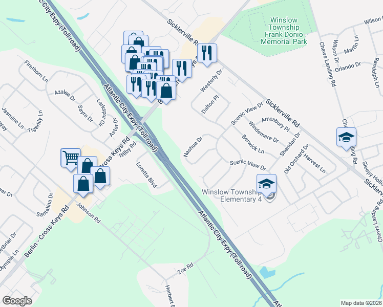 map of restaurants, bars, coffee shops, grocery stores, and more near 42 Nashua Drive in Sicklerville