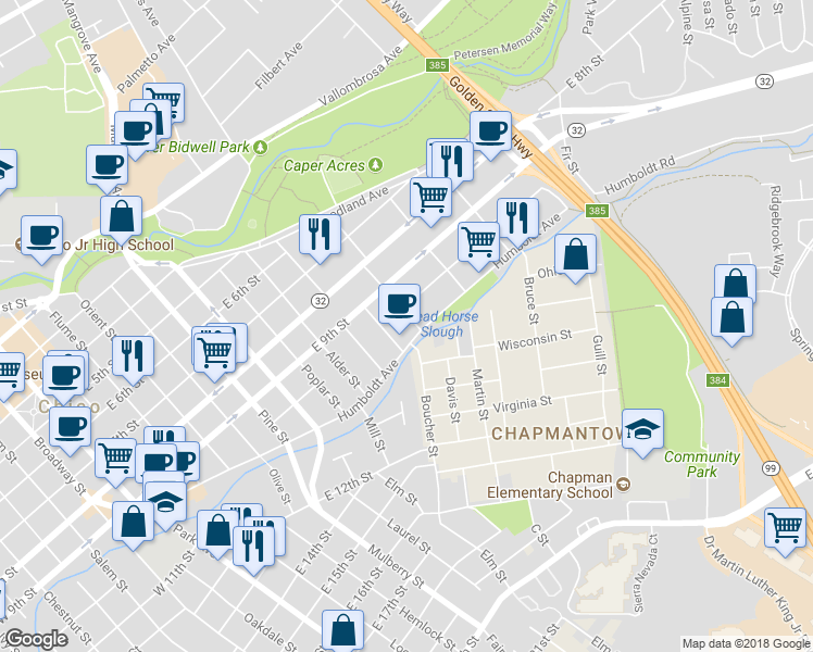 map of restaurants, bars, coffee shops, grocery stores, and more near 1022 Linden Street in Chico