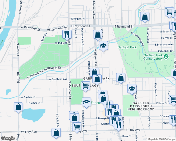 map of restaurants, bars, coffee shops, grocery stores, and more near 2536 Delaware Street in Indianapolis