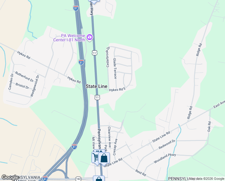 map of restaurants, bars, coffee shops, grocery stores, and more near 110 Hykes Road East in Greencastle