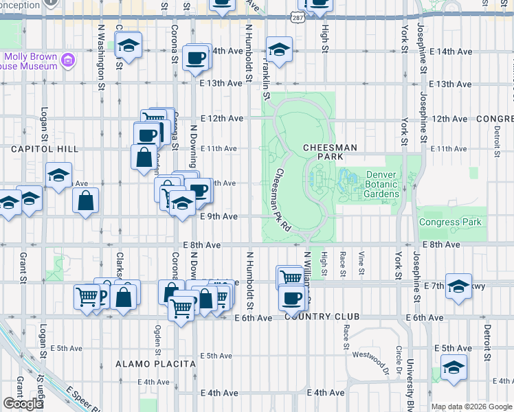 map of restaurants, bars, coffee shops, grocery stores, and more near 1515 East 9th Avenue in Denver