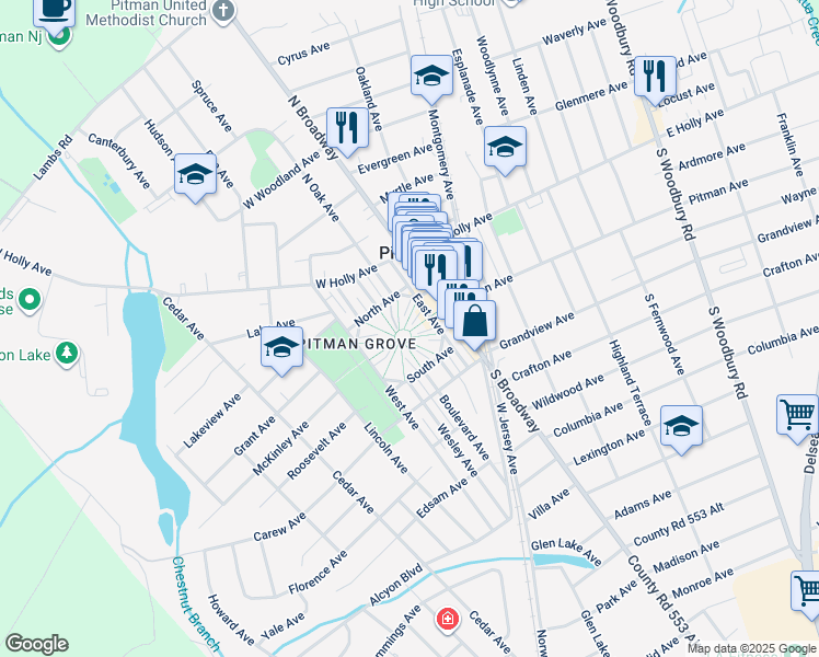 map of restaurants, bars, coffee shops, grocery stores, and more near 134 1st Avenue in Pitman