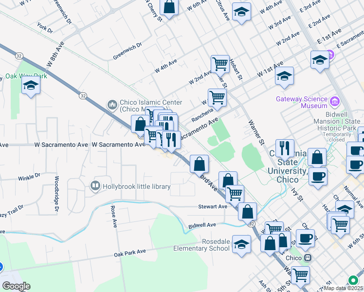 map of restaurants, bars, coffee shops, grocery stores, and more near 1001 West Sacramento Avenue in Chico