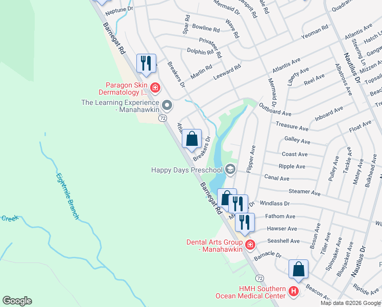 map of restaurants, bars, coffee shops, grocery stores, and more near 6 Atlantis Avenue in Stafford Township