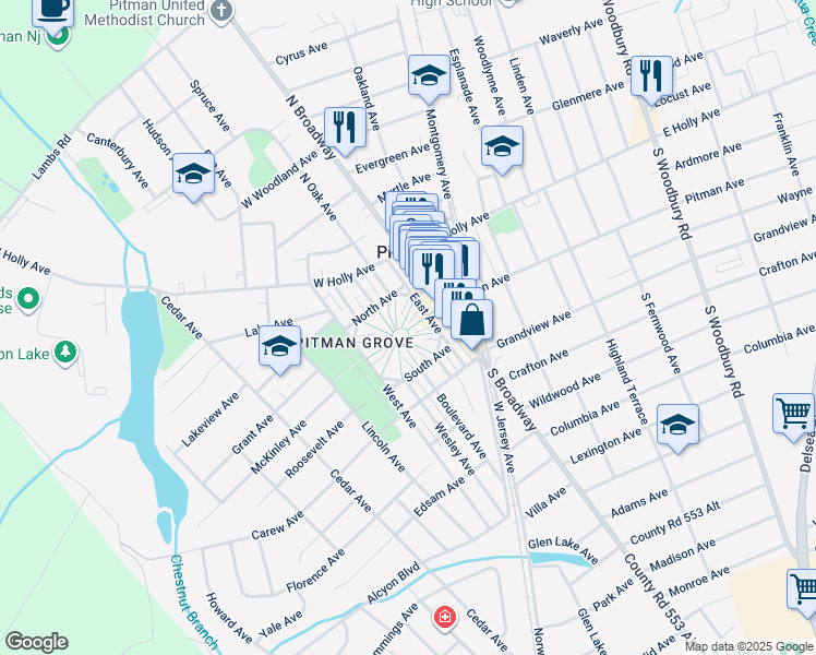 map of restaurants, bars, coffee shops, grocery stores, and more near 134 1st Avenue in Pitman