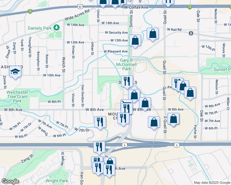 map of restaurants, bars, coffee shops, grocery stores, and more near 895 Tabor Street in Golden