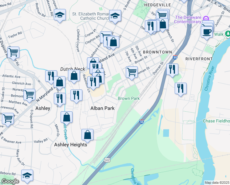 map of restaurants, bars, coffee shops, grocery stores, and more near 1519 Bonwood Road in Wilmington