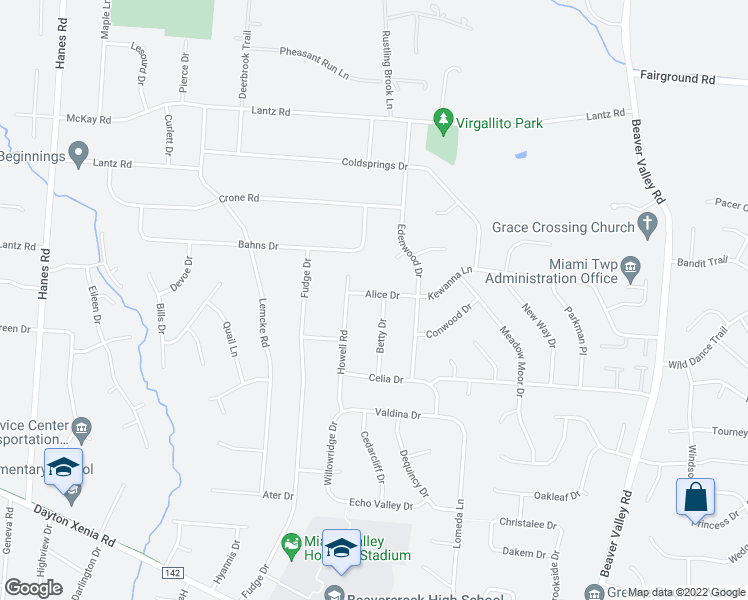 map of restaurants, bars, coffee shops, grocery stores, and more near 2601 Alice Drive in Dayton