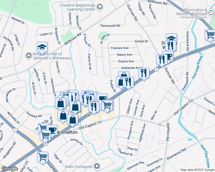 map of restaurants, bars, coffee shops, grocery stores, and more near 2 Claire Place in Wilmington