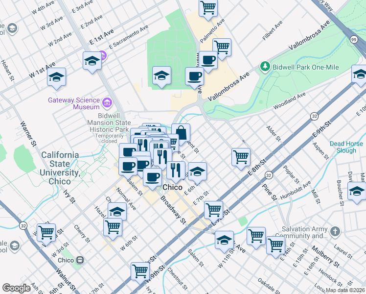 map of restaurants, bars, coffee shops, grocery stores, and more near 371 East 3rd Street in Chico