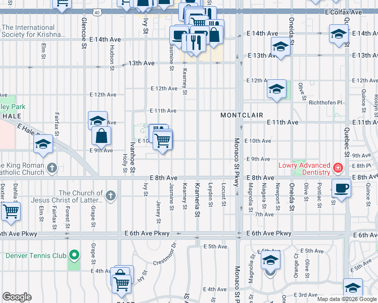 map of restaurants, bars, coffee shops, grocery stores, and more near 901 Kearney Street in Denver