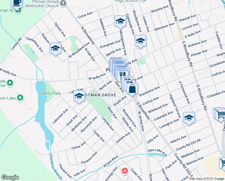 map of restaurants, bars, coffee shops, grocery stores, and more near 142 2nd Avenue in Pitman