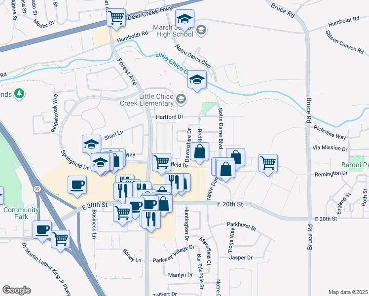 map of restaurants, bars, coffee shops, grocery stores, and more near 1856 Devonshire Drive in Chico