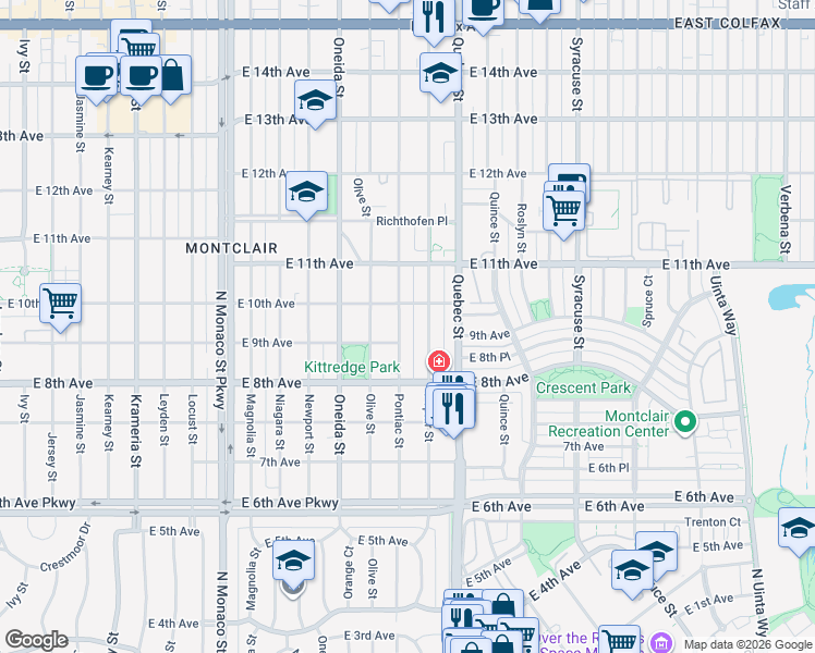 map of restaurants, bars, coffee shops, grocery stores, and more near 872 Pontiac Street in Denver