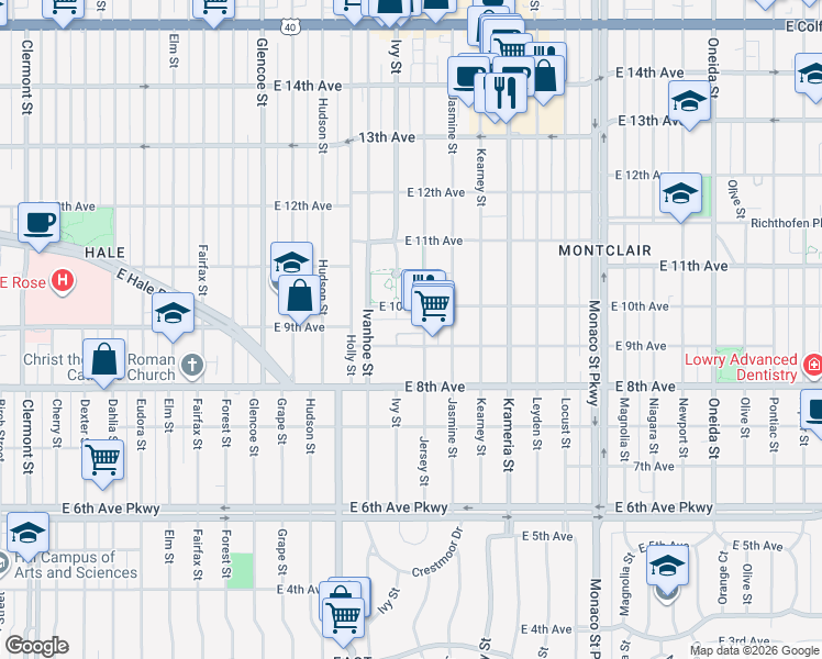 map of restaurants, bars, coffee shops, grocery stores, and more near 5801 East 9th Avenue in Denver