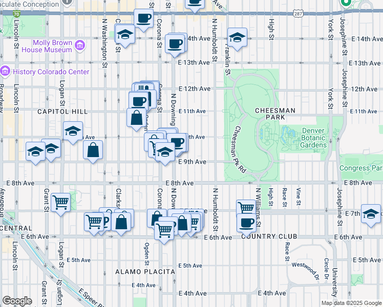 map of restaurants, bars, coffee shops, grocery stores, and more near 1301 East 9th Avenue in Denver