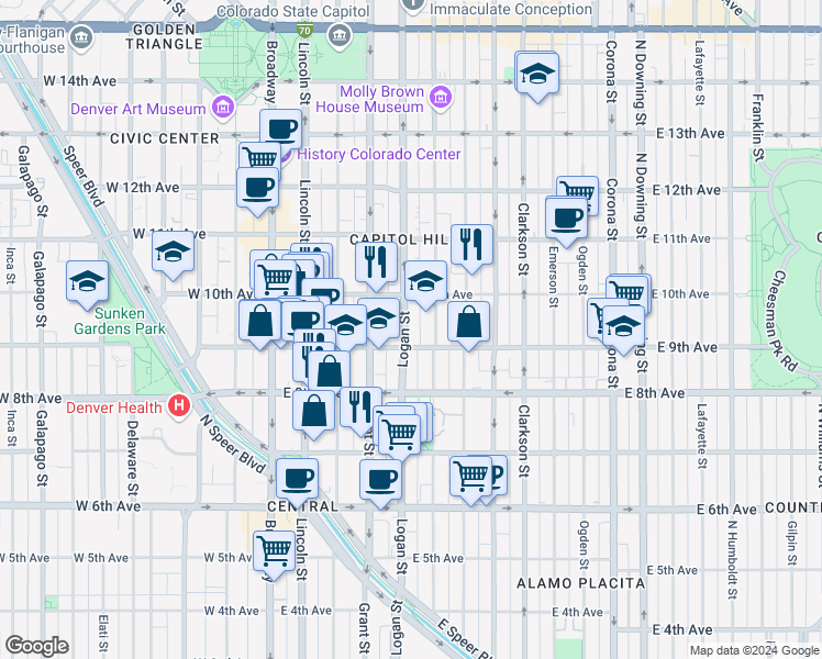 map of restaurants, bars, coffee shops, grocery stores, and more near in Denver