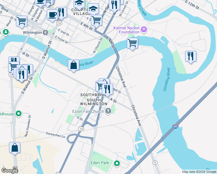 map of restaurants, bars, coffee shops, grocery stores, and more near 1210 Lobdell Street in Wilmington