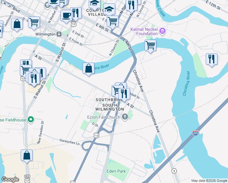map of restaurants, bars, coffee shops, grocery stores, and more near 330 South Heald Street in Wilmington