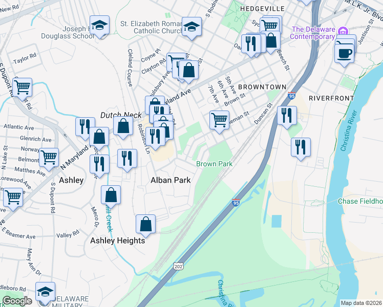 map of restaurants, bars, coffee shops, grocery stores, and more near 1519 Bonwood Road in Wilmington