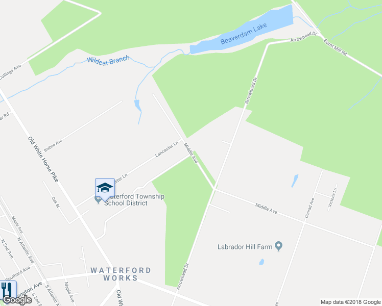 map of restaurants, bars, coffee shops, grocery stores, and more near 1108 Middle Avenue in Waterford