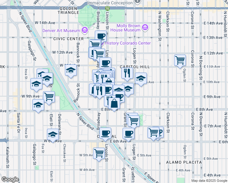 map of restaurants, bars, coffee shops, grocery stores, and more near in Denver