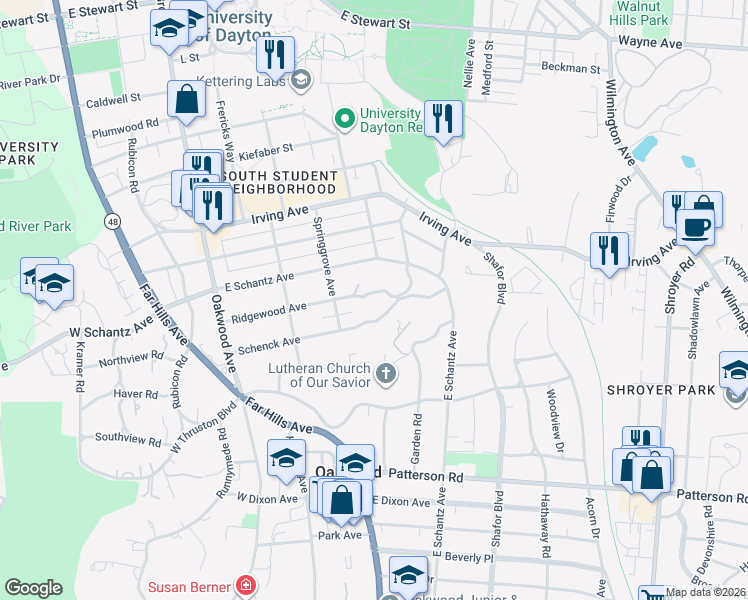 map of restaurants, bars, coffee shops, grocery stores, and more near 451 Schenck Avenue in Dayton