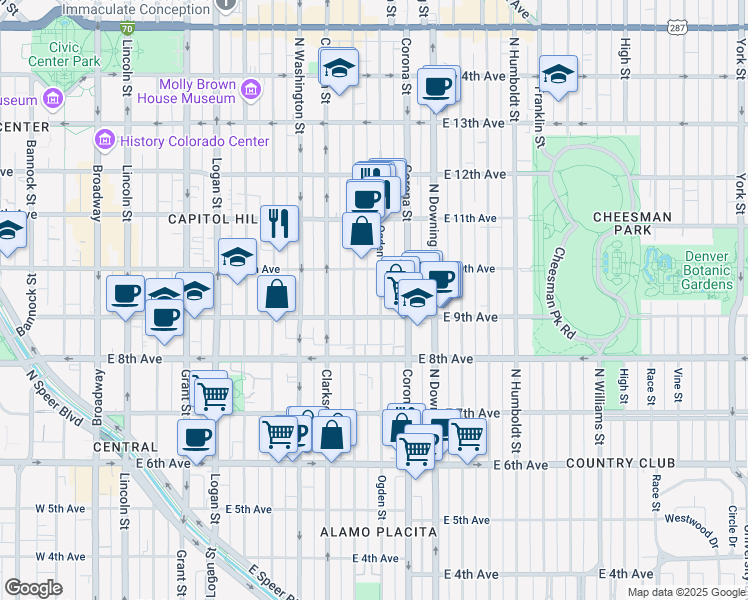 map of restaurants, bars, coffee shops, grocery stores, and more near in Denver