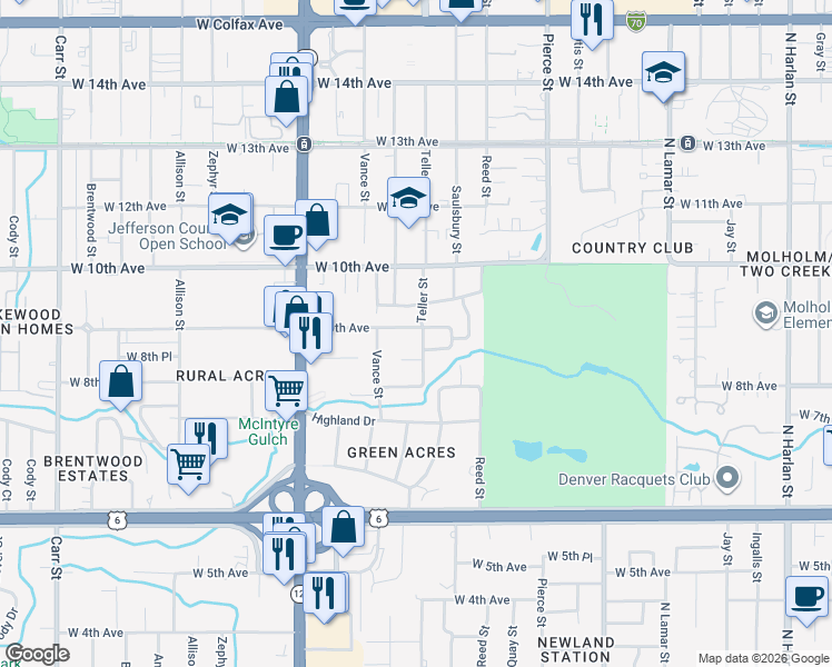 map of restaurants, bars, coffee shops, grocery stores, and more near 850 Teller Street in Lakewood