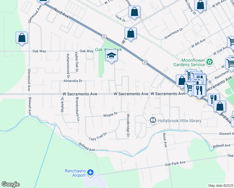 map of restaurants, bars, coffee shops, grocery stores, and more near West Sacramento Avenue & West 8th Avenue in Chico