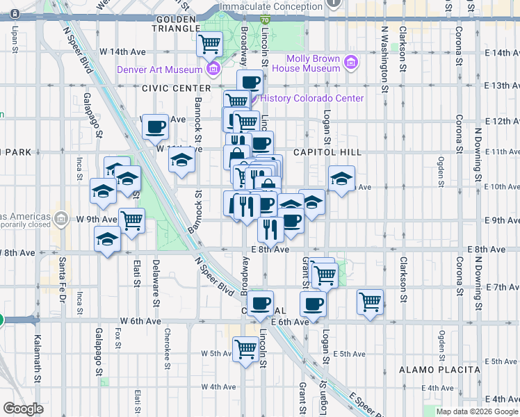 map of restaurants, bars, coffee shops, grocery stores, and more near 925 Lincoln Street in Denver