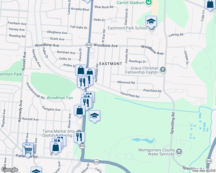 map of restaurants, bars, coffee shops, grocery stores, and more near 5136 Haverfield Road in Dayton
