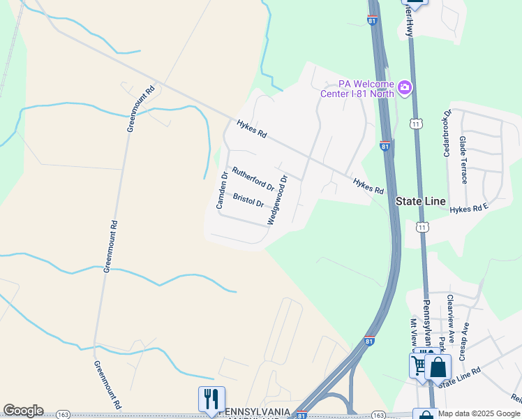map of restaurants, bars, coffee shops, grocery stores, and more near 722 Bristol Drive in Greencastle
