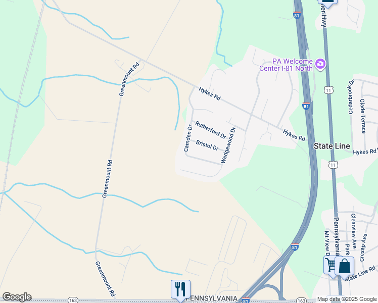 map of restaurants, bars, coffee shops, grocery stores, and more near 15454 Camden Drive in Greencastle
